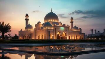 ras al Khaimah maior mesquita dentro Emirados Árabes Unidos às crepúsculo. generativo ai foto