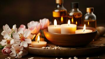 massagem terapia spa com luz de velas e floral harmonia. generativo ai foto