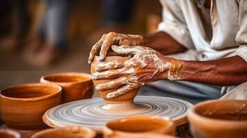 uma de oleiro viagem criando cerâmico pratos. Índia. generativo ai foto