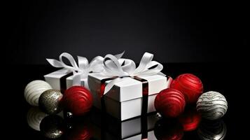 festivo surpresas - vermelho e branco Natal caixas em uma Preto fundo. generativo ai foto