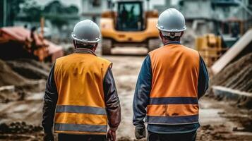 dois trabalhadores dentro uniforme em uma construção site, generativo ai foto