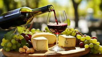 saboreando momentos. vinho e queijo delícias dentro a ao ar livre contexto. generativo ai foto
