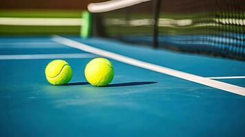 tênis bolas e raquete em tênis quadra com branco linha. generativo ai foto