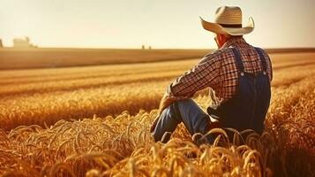 idosos agricultor refletindo em uma generoso colheita e parece para dentro a distância. generativo ai foto