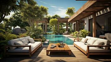 piscina dentro recorrer, terraço com sofás e Sol espreguiçadeiras de a piscina. generativo ai foto