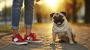 engraçado cachorro do pug sentado em chão perto mulher os Proprietários pés em uma parque. com pôr do sol luz em fundo. generativo ai foto