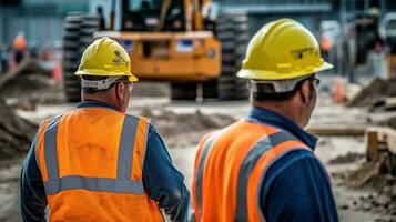 trabalho em equipe, dois trabalhadores dentro uniforme às a construção local. generativo ai foto