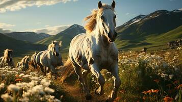 rebanho do cavalos corre entre montanhas flores Campos luz solar fundo. generativo ai foto