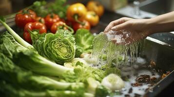 completamente lavando legumes às a Pia para garantir frescor e segurança. generativo ai foto