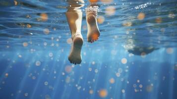 pés do pessoas comovente debaixo a água dentro a piscina. crianças pernas. verão. período de férias e esporte conceito. generativo ai foto