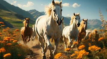 égua de criação selvagem cavalos corre em lindo ensolarado colinas, grupo do cavalos entre florescendo Prado em colinas, generativo ai foto