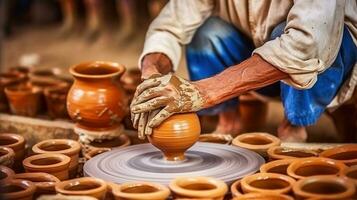 construindo beleza - uma de oleiro arte dentro cerâmico prato fazendo. generativo ai foto