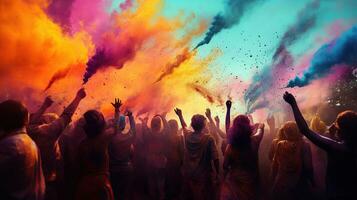 espetacular silhuetas - dançando dentro uma chuveiro do feriado cores. vibrante silhuetas às a holi festival do cores. generativo ai foto