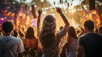 a comemorar verão às a festival. jovem amigos dançando dentro festival vibrações. generativo ai foto