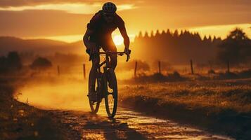 recortado ciclista conquistando cascalho caminhos em uma dramático pôr do sol fundo. generativo ai foto