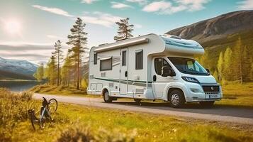 feriado viagem dentro autocaravana, caravana carro período de férias. generativo ai foto