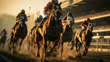 jóqueis equitação cavalos dentro uma corrida, uma foto do uma cavalo corrida, generativo ai