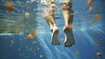 pés do pessoas comovente debaixo a água dentro a piscina. crianças pernas. verão. período de férias e esporte conceito. generativo ai foto