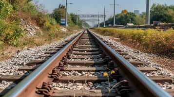 Visão do a estrada de ferro rastrear em uma ensolarado dia, generativo ai foto