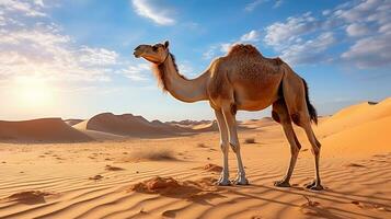 uma camelo gracioso viagem através a deserto. generativo uma foto