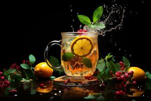 chá dentro transparente copo com hortelã, laranja e gengibre com especiarias. generativo ai foto