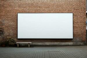 em branco Painel publicitário modelo dentro frente do uma parede fez do tijolos. generativo ai foto