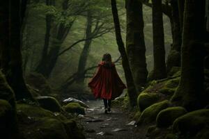uma mulher dentro uma vermelho capa caminhando através uma Sombrio floresta. generativo ai foto