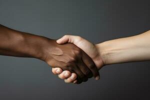 Preto e caucasiano mãos segurando cada de outros dentro tolerância e anti racismo conceito. generativo ai foto
