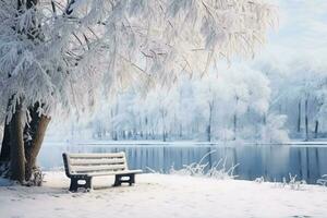 Banco dentro a cidade neve coberto inverno parque com uma lago e lindo árvores dentro geada dentro manhã. generativo ai foto