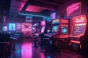 jogos sala. néon iluminado quarto com computadores. generativo ai foto