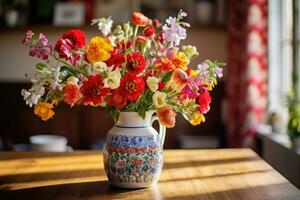 recentemente escolhido flores silvestres dentro uma vaso com folk padronizar em uma cozinha mesa. generativo ai foto