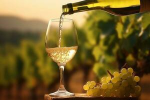 derramando branco vinho para dentro vidro em Vinhedo fundo às pôr do sol. generativo ai foto