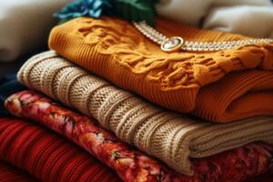 pilha do vários colorida tricotado caloroso camisolas. generativo ai foto