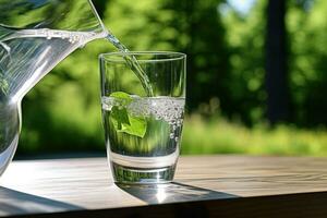 limpar \ limpo bebendo água é derramado a partir de uma jarro para dentro uma vidro copo em uma de madeira mesa e uma luz verde natureza ao ar livre fundo. ai gerado foto