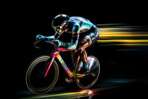 ciclista atleta equitação uma raça às Alto velocidade, colorida volumétrico iluminação. ai gerado foto