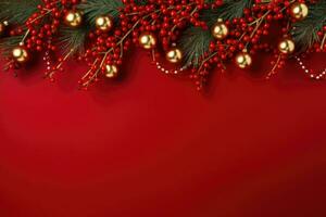 Natal abeto galhos, decoração e guirlandas em vermelho fundo. generativo ai foto