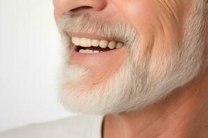 sorridente Senior velho homem boca com barba e bigode. generativo ai foto