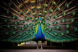 pavão com com totalmente ventilado água-marinha cauda. generativo ai foto