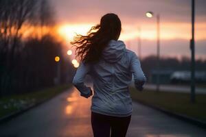 mulher corrida às crepúsculo. atleta mulher em frio corre corrida rápido. generativo ai foto