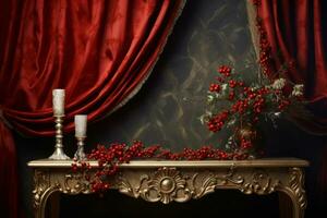 rico vermelho veludo cortinas, velas, plantas e Antiguidade ouro mesa em Sombrio vintage fundo. generativo ai foto