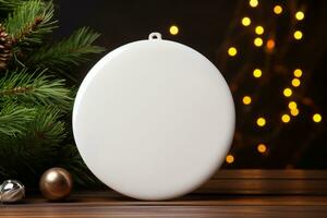 em branco esvaziar branco lustroso cerâmico círculo amarrado com uma metálico dourado corda sobre uma rústico fundo e Natal luzes. generativo ai foto