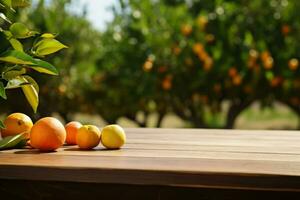 fresco laranjas. esvaziar madeira mesa com livre espaço sobre laranja árvores generativo ai foto