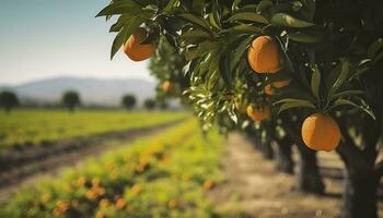 a laranja árvore é dentro a primeiro plano com uma Fazenda campo fundo. generativo ai foto