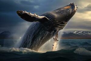 corcunda baleia dentro a oceano. 3d ilustração. natureza, pulando corcunda baleia sobre água, ai gerado foto