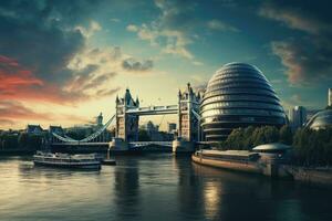 torre ponte dentro Londres, Reino Unido. lindo Londres Horizonte às pôr do sol, Londres cidade, ai gerado foto