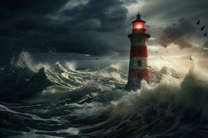 farol em tormentoso mar fundo. 3d render ilustração, farol dentro a tempestade em a norte mar. 3d Renderização, ai gerado foto