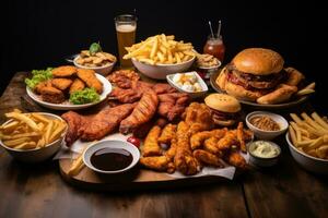 sortido velozes Comida Incluindo frango asas Hamburger, francês fritas, pepitas, molhos e Cerveja em uma de madeira mesa, ampla mesa do sortido levar Fora Comida tal Como pizza, ai gerado foto