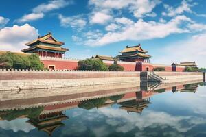 lindo Visão do a proibido cidade dentro Pequim, China. cópia de espaço para texto, panorama Visão do a proibido cidade dentro Pequim, China. panorama, ai gerado foto