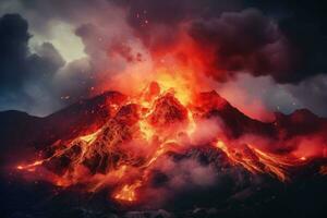 vulcão erupção às noite. 3d ilustração. elementos do isto imagem mobiliado de nasa, lava jorrando Fora do cratera e avermelhado iluminado fumaça nuvem, lava fluxos, em erupção vulcão, ai gerado foto