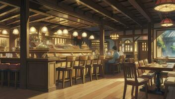 restaurante restaurante com de madeira mobília gráfico romance animê mangá papel de parede foto